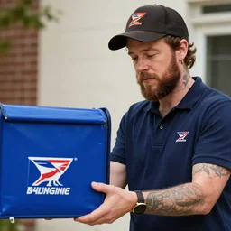 a closeup photorealistic illustration of post malone delivering mail as us mail carrier with blue bag. fine detail. this 4 k hd image is trending on artstation, featured on behance, well - rendered, extra crisp, features intricate detail, epic composition and the style of unreal engine.