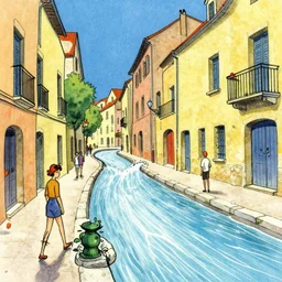 water flowing through the streets in old city, sideview, colourful drawing by moebius