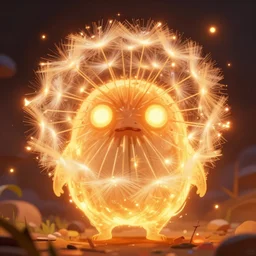a glowing humanoid figure dandelion monster with large glowing eyes, surrounded by blazing orange, highly detailed, digital art, sharp focus, trending on art station, artichoke, anime art style