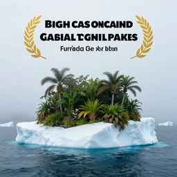 overgrown tropical plants on top of an iceberg, middle of the ocean, morning fog, cinematic, award winning photo