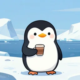 penguin kawaii taking a coffee in the middle on the artic, trending in art station
