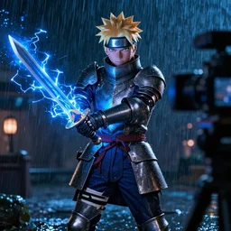 naruto as a medieval knight staying in the rain with sword that glows with blue electricity shot from professional camera, ultra realistic, rim light, rainy weather, vivid lights night time