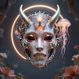dichroic. iridescent. dhorizontally symmetrical. coherent. symmetry. absolutely centered. centered composition. symmetrical biomechanical, mask of a demon space by Roberto Ferri. beautiful princess. human skull jellyfish butterfly phoenix head. burning water. intricate artwork by Tooth Wu and wlop and beeple and dan mumford and greg rutkowski. halo. octane render, cinematic, hyper realism, octane render, 8k, depth of field, bokeh, hard surface modelling, flowers,. iridescent accents