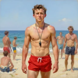 “ tom holland as a lifeguard wearing red swimtrunks, whistle hanging from his neck, beach, sunshine painting by gaston bussiere, craig mullins, j. c. leyendecker, tom of finland ”