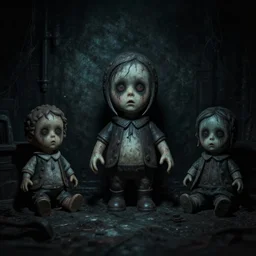weird toys, dark room, creepy and eerie athmosphere, hd,