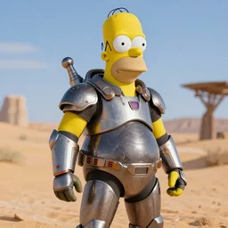 photorealistic shot of homer simpson wearing futuristic armor in the desert, 8 k, intricate, detailed, dynamic lighting, depth of field,