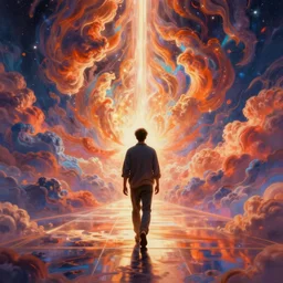 a professional photographic portrait view picture of a man walking towards an infinite heavenly path, photographic filter unreal engine 5 realistic hyperdetailed 8 k ultradetail cinematic concept art volumetric lighting, fantasy artwork, very beautiful scenery, very realistic painting effect, hd, hdr, cinematic 4 k wallpaper, 8 k, ultra detailed, high resolution, artstation trending on artstation in the style of albert dros glowing rich colors powerful imagery