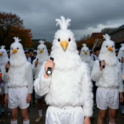 realistic photo portrait of the student class, white cotton fluffy bird white carnival costumes shorts, fluffy pigeon head face portrait, wood in autumn, grey dusk sky with black clouds, flashlight 1 9 9 0, life magazine reportage photo, newspaper documentary