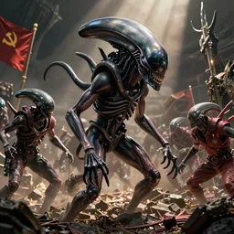 alien xenomorph vs humans sci - fi, communist outfit, battle