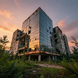 brutalist architecture, abandoned buildings, empty streetscapes, surrounded by lush green vegetation, ground - level view, stunning volumetric lighting, sunset, rusted steel, solid concrete, glass, stunning skies, trending on artstation, 8 k, photorealistic, hyper detailed, unreal engine 5, imax quality, cinematic, epic lighting, doom, quake, greg rutkowski