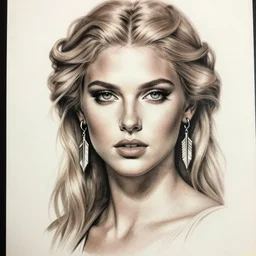 tattoo sketch of beautiful jessica hart as a beautiful greek goddess aphrodite with arrowhead earrings, beautiful piercing eyes with sexy look, beautiful blonde hair, hyper realistic face, in the style of greg rutkowski, fantasy, amazing detail, epic, elegant, smooth, sharp focus