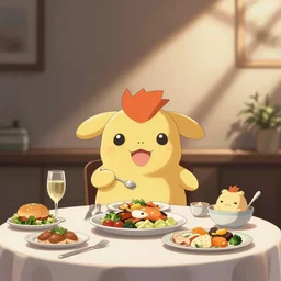 purugly eating dinner at a table happiness is temporary by greg rutkowski