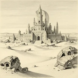 an ancient abandoned desert alien civilization, pencil drawing in the style Hugh Ferriss