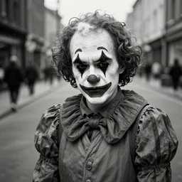 black and white photo of a sad clown on the street, highly detailed, studio light, 5 8 mm, 8 k