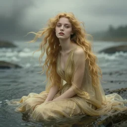cinestill 5 0 d depht of field portrait of a dreamy beautiful pre - raphaelite siren in style of annie liebovitz sitting on a river in a dystopian tempest sea environment, dress and hair floating elegant, highly detailed, pale gold matt, soft blur, artstation, head in focus, soft blur