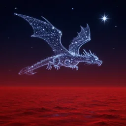 a dragon made out of stars flying in the night sky above a red sea