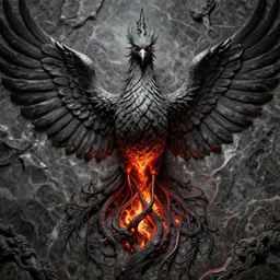 bird phoenix of lava, dark, fire from inside, blood vesels, dystopian surrealism, art style zdzisław beksinski, symmetry accurate features, very intricate details, high resolution, symmetrical long head, smooth marble surfaces, detailed ink illustration, cinematic smooth stone, deep aesthetic, concept art, carved marble texture silk cloth, latex skin, highly ornate