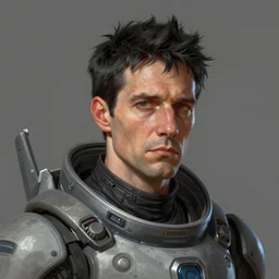 Portrait of a man by Greg Rutkowski, he is about 50 years old, his features are a mixture between polish and persian, messy black short hair, tall and slim, tired expression, respectable authority figure, he is wearing a futuristic space gear, highly detailed portrait, scifi, digital painting, artstation, concept art, smooth, sharp foccus ilustration, Artstation HQ.