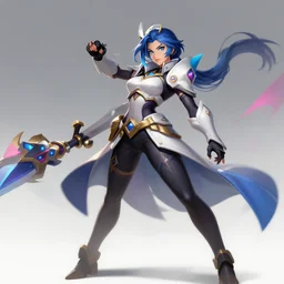 lol ashe, wide angle view, white, black, blue, pink, gold, highly detailed, artgerm, cushart krenz, zeronis, sakimichan, trending on artstation, soft light, sharp edges, illustration, character design, concept art