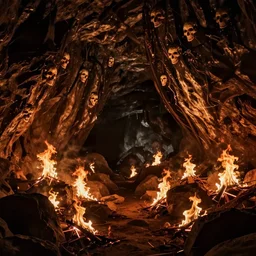 In a large dark cavern many small faces of death in a fire, photograph