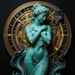 teal chinese abstract sculpture of beautiful female body and black swirling liquifying acrylic portrait, volumetric light, highly detailed, mechanical superstructure, sacred geometry, glowing edges, sad, hurt, beautiful light, statue of carving marble, intricate 8 k render, dark mood, cinematic light, golden spirals, clockwork, art by camille corot, andy warhol, zeng fanzhi