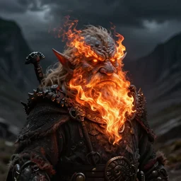 cleric dwarf with an ember beard and flaming eyes