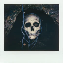 medium shot, blue vines in a dark cave forming a dead human face, creepy, extreme detail, polaroid photo, vintage, neutral colors, by gregory crewdson