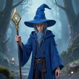 a scrawny and weak blue wizard