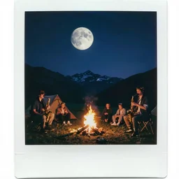 a very high resolution image from a new movie. polaroid photo. an half moon in the mountains while people are camping. camp fire, playing sax 2 4 mm, photorealistic, photography, night directed by wes anderson