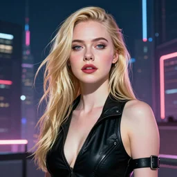 a striking hyper real illustration of cyberpunk Elle Fanning by Josan Gonzalez