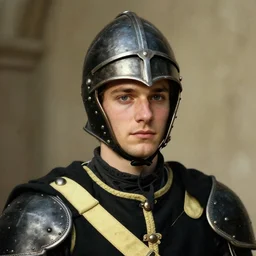 Medium closeup young idealistic and pious homely male Imperial soldier wearing a black tabard with light yellow accents over a gambeson and a small!!! barbut helm, by Raymond Swanland Greg Rutkowski Lise Deharm, {perfect face}, {perfect eyes}