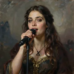 a full body high detail fantasy portrait oil painting illustration of young monica bellucci as a beautiful sophisticated singing bard woman by justin sweet with face and body clearly visible, in a scenic background, pupils visible, realistic proportions, d & d, rpg, forgotten realms, artstation trending, high quality, sombre mood, artstation trending, muted colours, entire person visible!