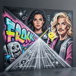 pyrography, spray painted graffiti, perspective chalk art pastiche by Lisa Frank, Josephine Wall and Dan Mumford, cel-shaded, thick ink lines