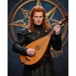 hyper realistic photograph of Kwothe in the book the name of the wind, played by Michael Fassbender, 4k, Carl Zeiss, sigma, Tamron so 85mm, stunning arcanum backdrop, magic, detailed set design, award winning costume design, cinematic, lute, red hair