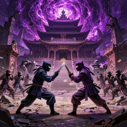 a duel between 2 ninja armies standing in the ruins of crux prime, destroyed monastery, purple fiery maelstrom in the distance, digital art, artstationhq
