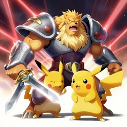 a magnificent unbeatable monster with laser sword arms fighting a wild hairy giant picachu wearing armor and holding a silver sword