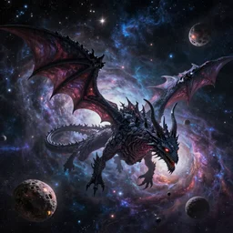 evil cosmic demon alien dragon demigods flying through outer space consuming epic nebulas and asteroid belts, eldritch horror, dan seagrave art