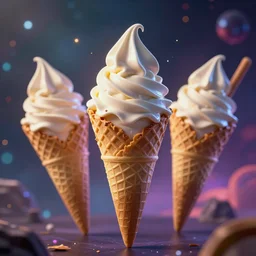 soft - serve ice cream cones in a colorful fantasy cosmos, dramatic lighting, cinematic, extremely high detail, photorealistic, cinematic lighting, post processed, concept art, artstation, matte painting, style by greg rutkowsky