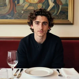 timothee chalamet portrait, sitting down behind table, restaurant, artwork by gaston bussiere, craig mullins, trending on artstation