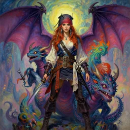 sublimely attractive female pirate dragon born assassins of the mystic unity, psychedelic monster fused together, illustrative character design, tales of earthsea, sky witch, colorful, matte painting, soft illumination, painting by gaston bussiere, craig mullins, j. c. leyendecker, tom of finland