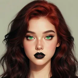 a realistic illustration portrait of a beautiful cute girl with wavy black red hair, a pointy nose and, round chin black eyeliner, green welcoming eyes, trending on artstation, hyper - realistic lighting