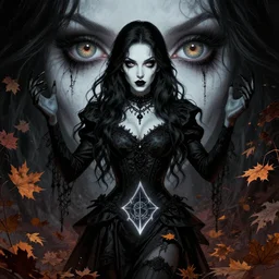 beautiful stella maeve magician, black magic spells, in the style of joshua middleton, rafeal albuquerque comicbook cover art, phil noto, creepy pose, spooky, symmetrical face and body, cinematic lighting, detailed realistic symmetrical eyes, insanely detailed and intricate elegant, autumn leaves
