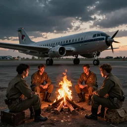 japanese kamikaze pilots sitting around a campfire in style of old western cinematic movie