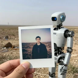 a robot in the distant future finding an old polaroid photo of a man in the waste fields, real szene, realistic, photorealistic