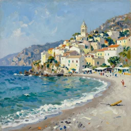 By the sea’s edge Atrani, Italy, painted in the style of the old masters, painterly, thick heavy impasto, expressive impressionist style, painted with a palette knife