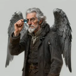 character art by bastien lecouffe - deharme, an old man with grey hair and large grey wings on his back, wearing a monocle