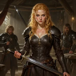young christina hendricks in a tavern, warhammer, lord of the rings, sweaty, strong, sword, intricate, highly detailed, digital painting, artstation, concept art, smooth, sharp focus, illustration, unreal engine 5, 8 k, art by artgerm and greg rutkowski and alphonse mucha