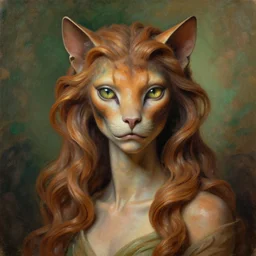 detailed portrait in femininity, regal alien, feline, realistic face sculpted features, specular eyes, statuesque model, natural skin, flowing ruffled hair, warm glow, subsurface scattering, avant garde fashion, chiaroscuro, organic impressionism, dappled backdrop, burnt sienna and emerald color, painterly oil