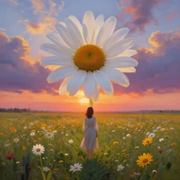 head with giant daisy flower, full body girl standing in a flower field, surreal photography, sunrise, dramatic light, impressionist painting, colorful clouds, digital painting, artstation, simon stalenhag