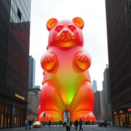 oversized sweet gummy bear towering over the city just like godzilla would